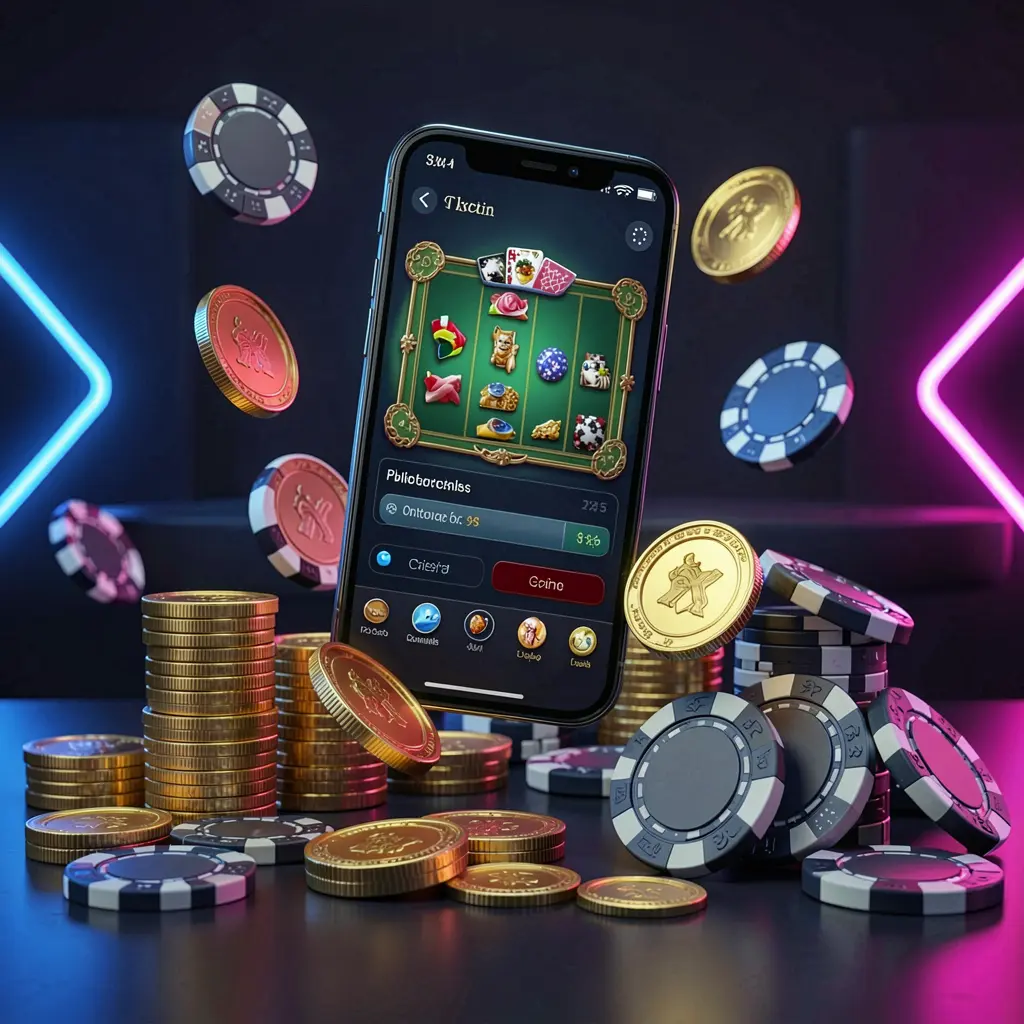 8999ok online casino app promotion banner showing a phone floating above golden coins and poker chips with a dark blue and black background featuring cinematic neon glow in a realistic 3D render