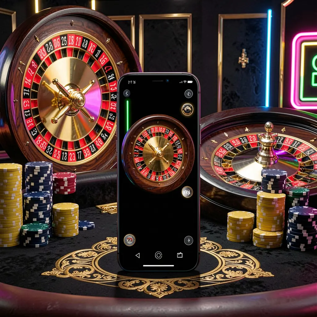 8999ok mobile casino application scene featuring a phone in the center with a roulette wheel and poker chips in the background, glowing neon lights, and a premium black and gold style