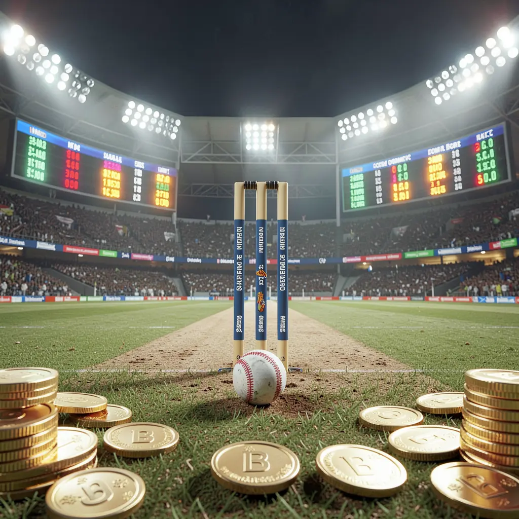 8999ok live cricket betting scene showing a cricket pitch under bright stadium lights with wickets, ball, golden coins, and glowing odds panels in a cinematic realistic render