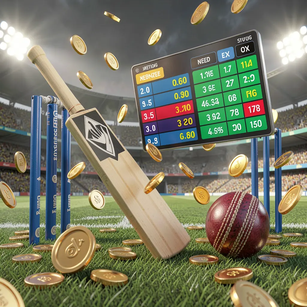8999ok sports betting page visual showing a cricket bat, cricket ball, and wickets on stadium grass with floating betting odds interface and golden coins flying in a realistic 3D illustration