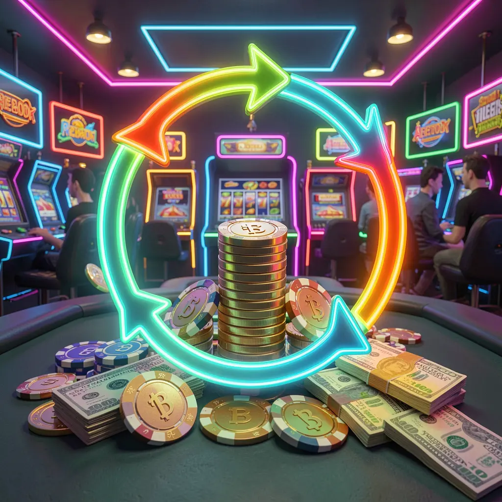 8999ok reload bonus casino visual featuring glowing circular arrows around coins, chips, and cash with a modern neon casino background in high detail 3D render