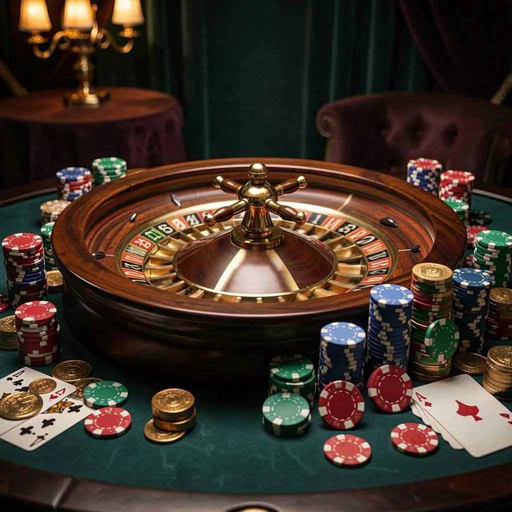 8999ok classic casino scene featuring a spinning roulette wheel, scattered chips, playing cards, and coins on an elegant dark table with cinematic lighting