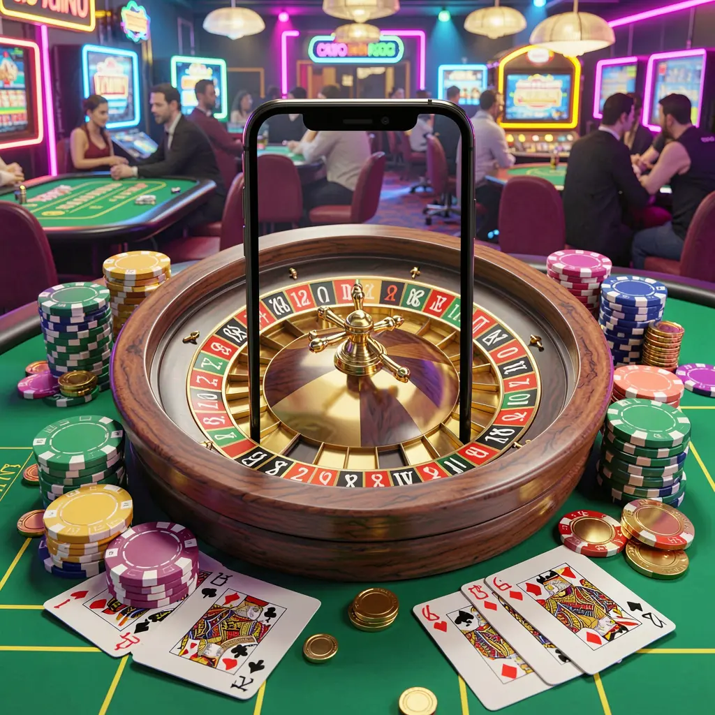 8999ok mobile casino experience with a smartphone surrounded by a roulette wheel, chips, cards, and coins in a bright neon casino atmosphere