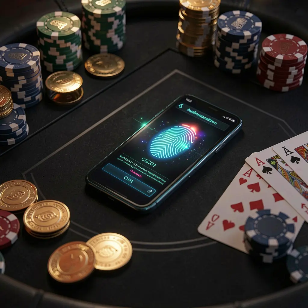 8999ok online casino authentication concept showing a phone with fingerprint scan glow on a premium black table surrounded by poker chips, golden coins, and playing cards in a cinematic 3D render