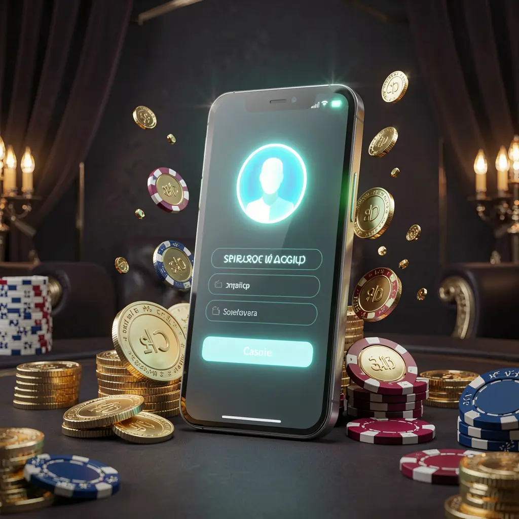 8999ok online casino login page hero banner featuring a modern smartphone with a secure login screen, glowing user profile icon, golden coins and poker chips surrounding it on a dark luxury background