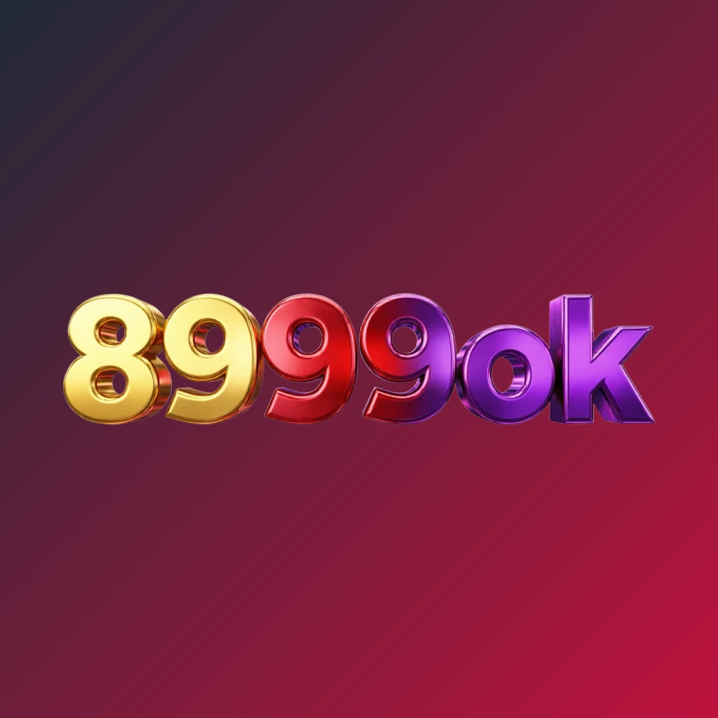 Bright premium horizontal rectangular wordmark logo for 8999ok with thick uppercase typography in vivid gold, red, and purple colors and a polished metallic finish on a transparent background