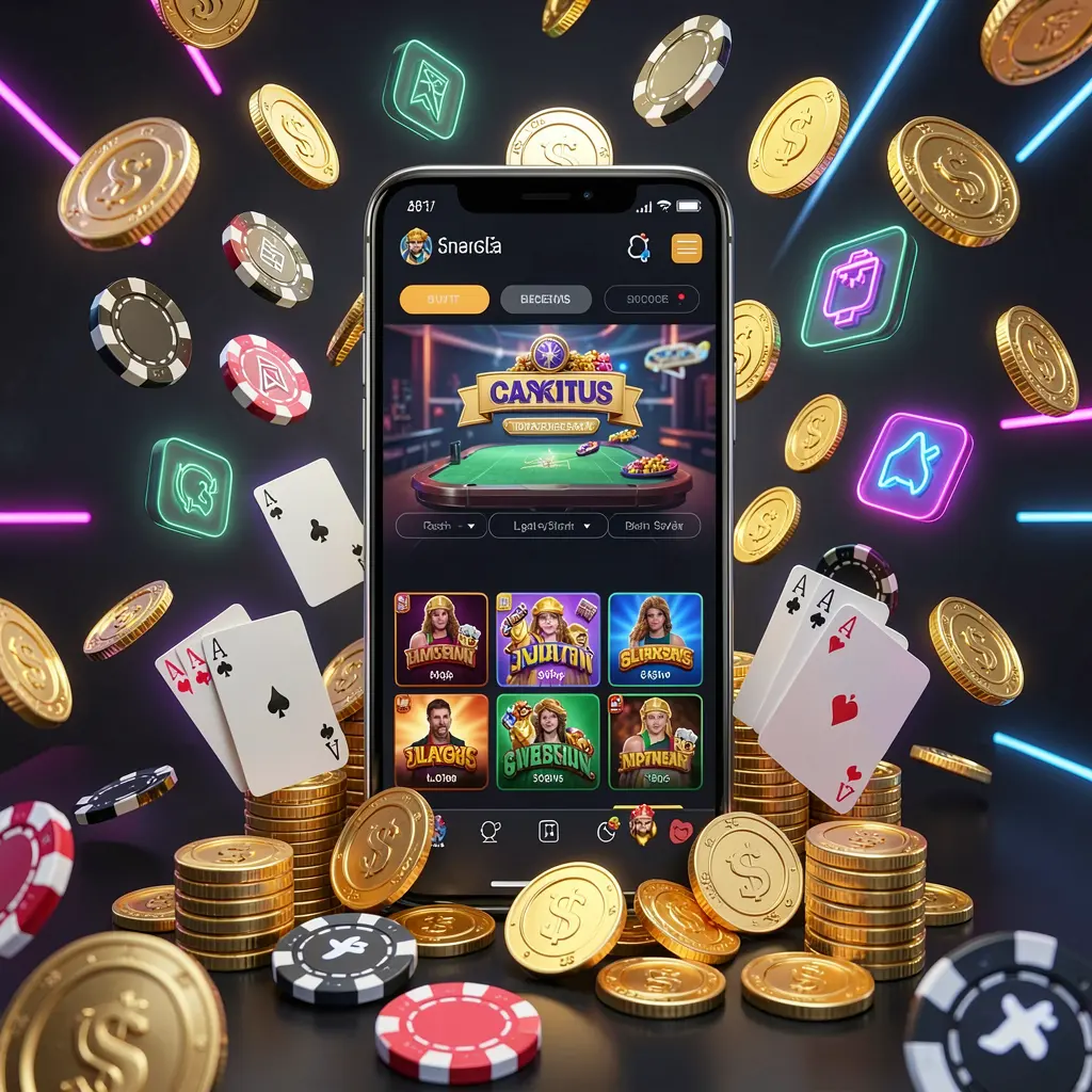 8999ok mobile casino homepage concept showing a smartphone surrounded by golden coins, chips, cards, and glowing icons on a modern dark background with neon accents